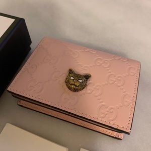 NEW IN BOX Gucci Guccissima cat card wallet pink